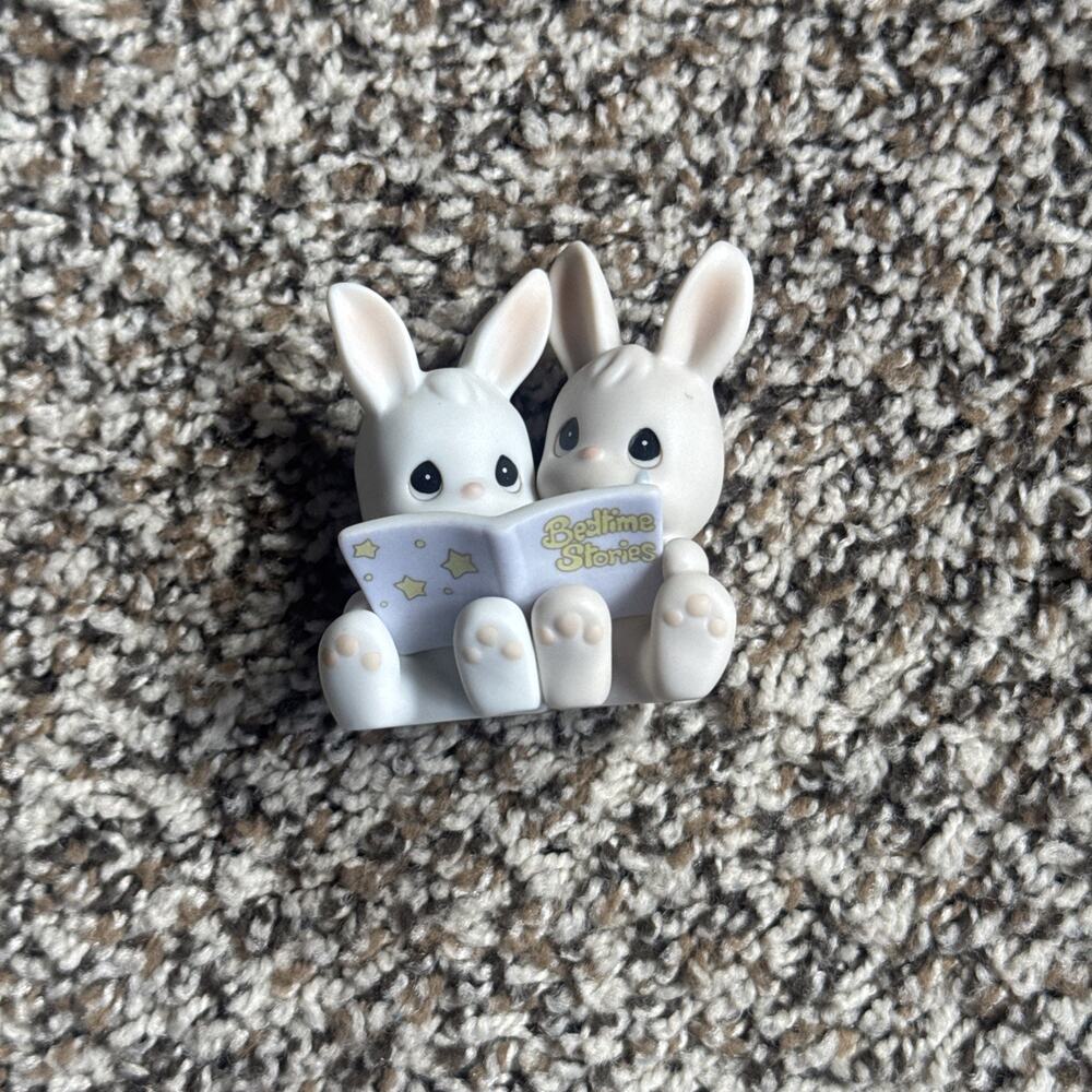 Vintage Enesco Precious Moments 3" Figurine Bed Time Stories Book Bunny Rabbits